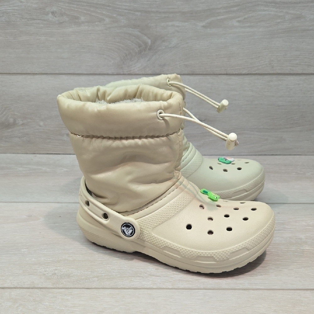 CROCS Girls Kids High Top Faux Fur Insulated Rubber Cream Snow Boots Sz C13